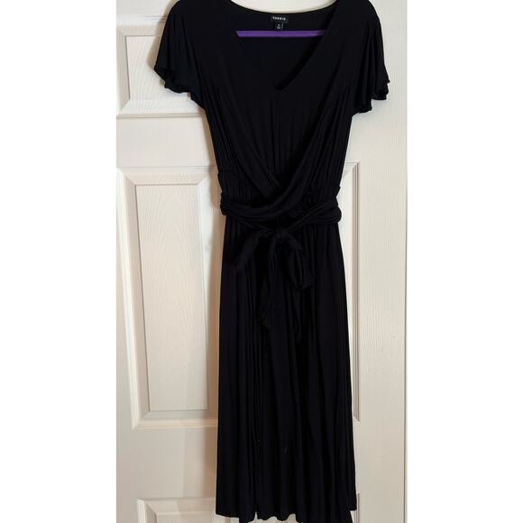 Torrid Sz 0 (12) Black V Neck‎ Flutter Sleeve Tea Length Thin Knit Rayon Dress - Picture 1 of 5